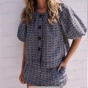 Free People Kiko Set Short Sleeve Top Shorts Relaxed Fit Blue Black Sz M NEW